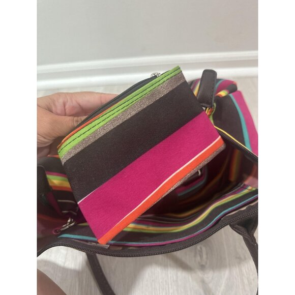 Striped Tote Bag Large Multicolor Zip Top Shoulder Handbag W/Pouch Le Pliage - Picture 10 of 11